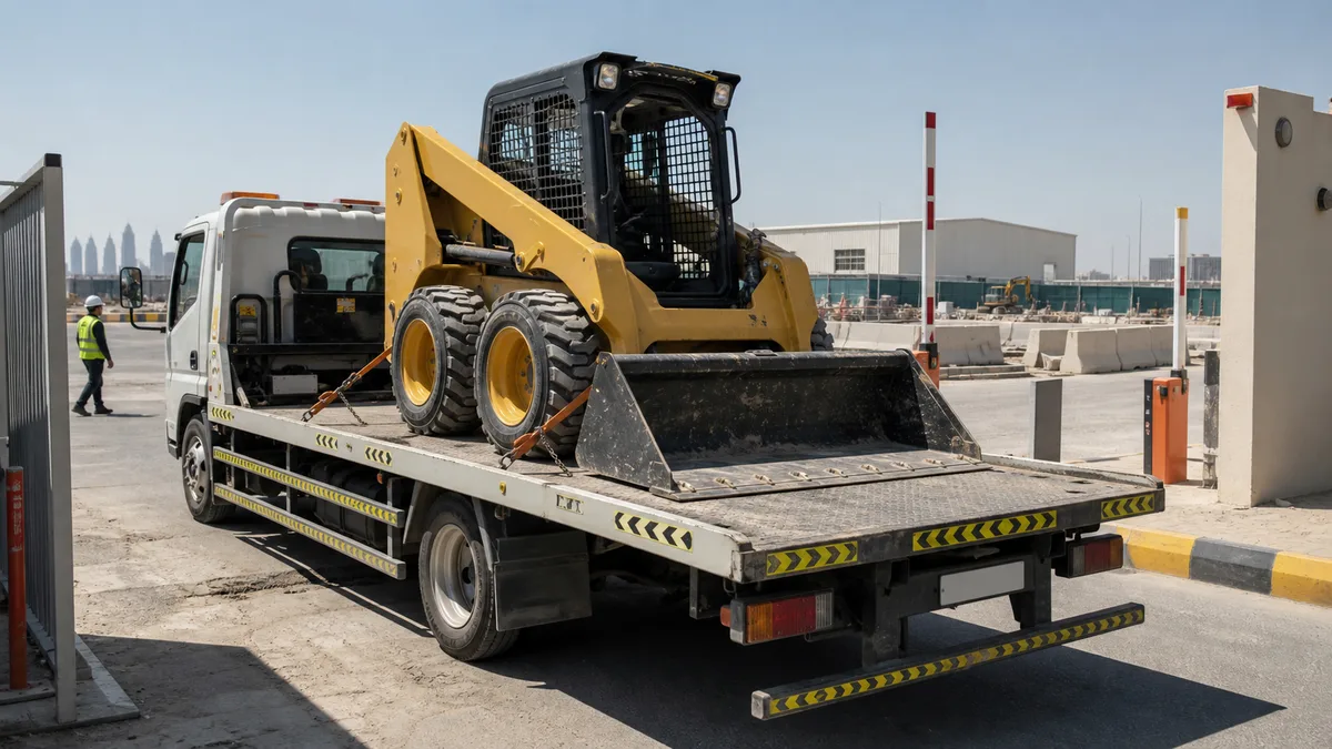 Bobcat loaded on transport truck for UAE rental delivery planning