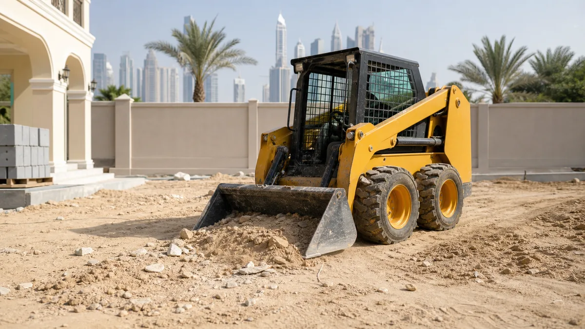 Compact bobcat cleaning and moving loose material on a UAE jobsite