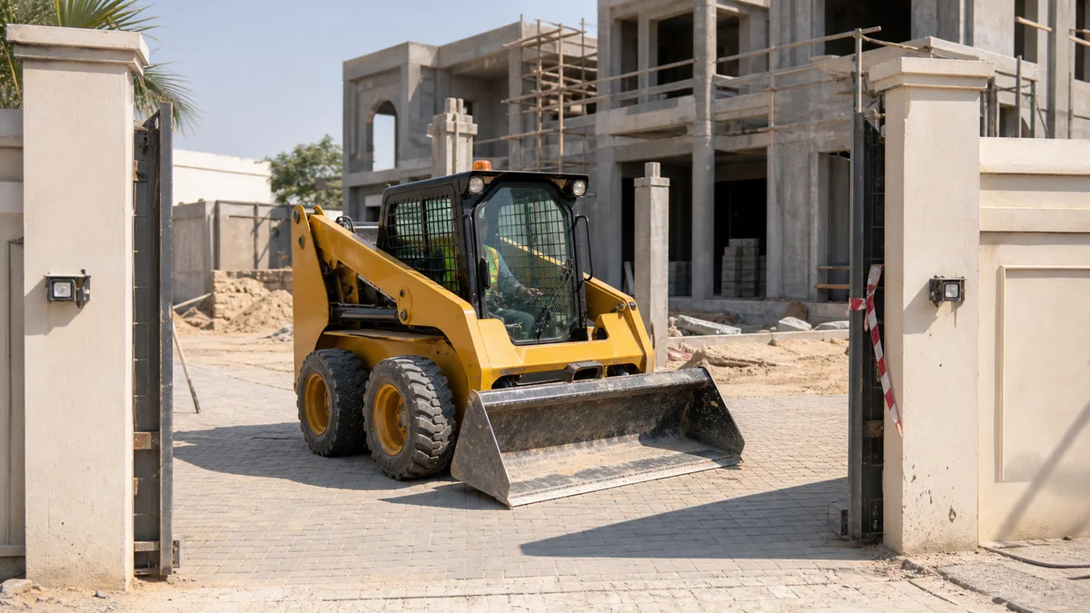 Compact bobcat checking villa site access in the UAE