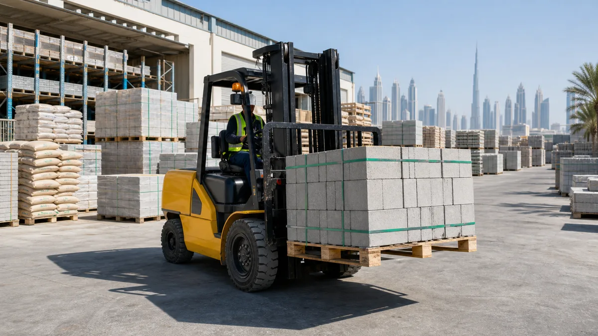 Forklift moving palletized materials in a UAE warehouse yard