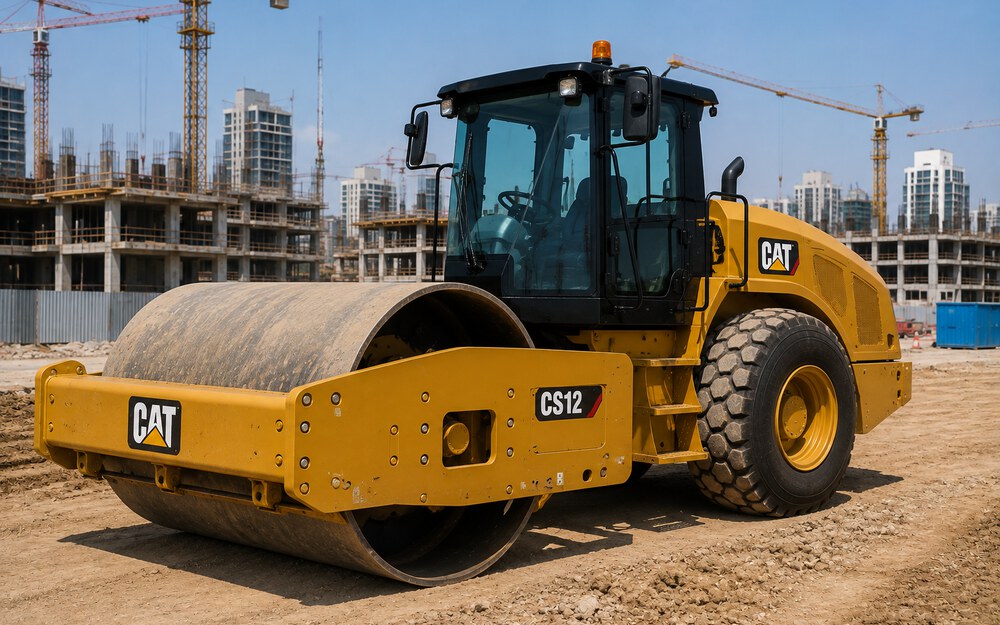 Single-drum soil compactor roller on a UAE construction site